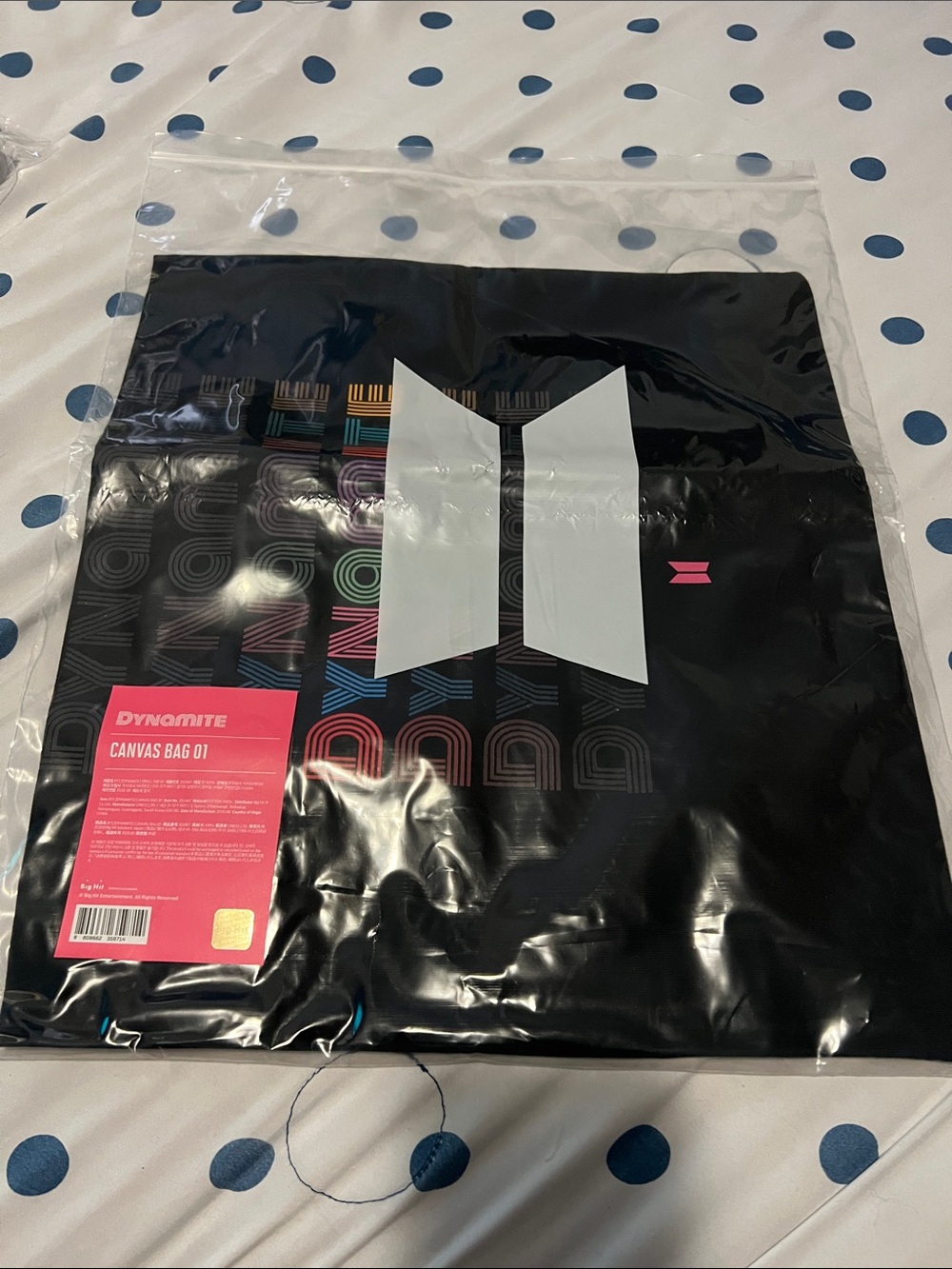 BTS Dynamite Black Tote with Rainbow Text and Pink Handles